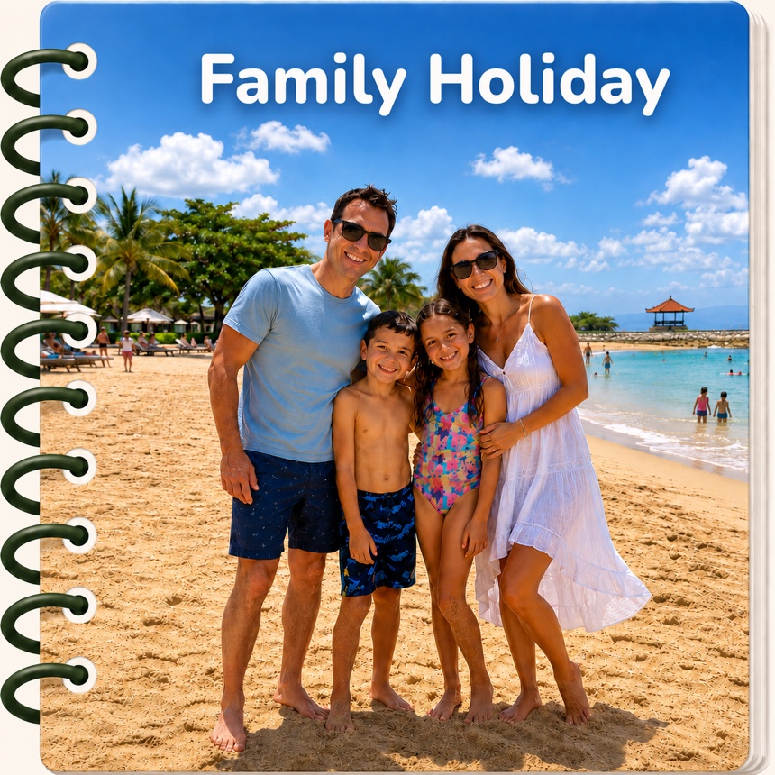 A finished Family Holiday colouring book with sage coil binding